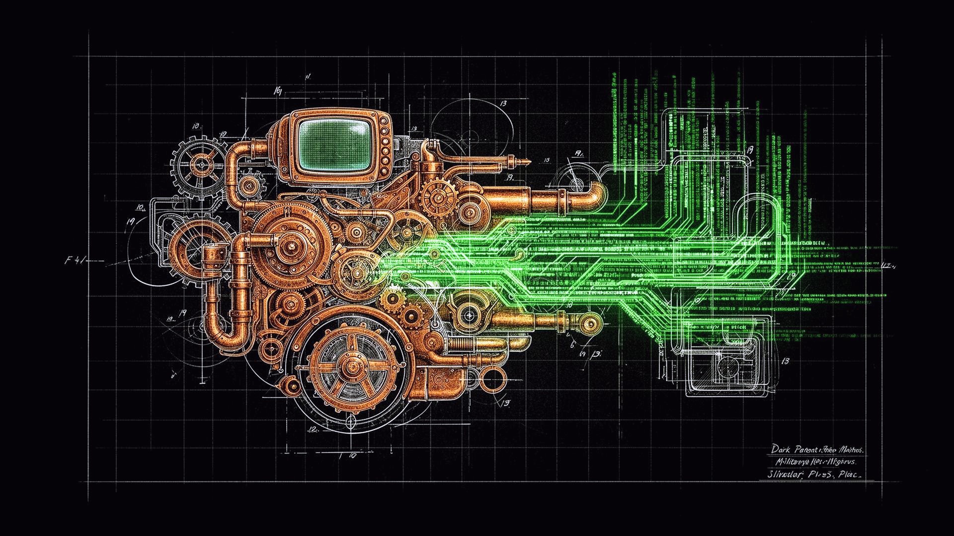Apex Engine Foundry schematic, with copper machinery driving green signal paths